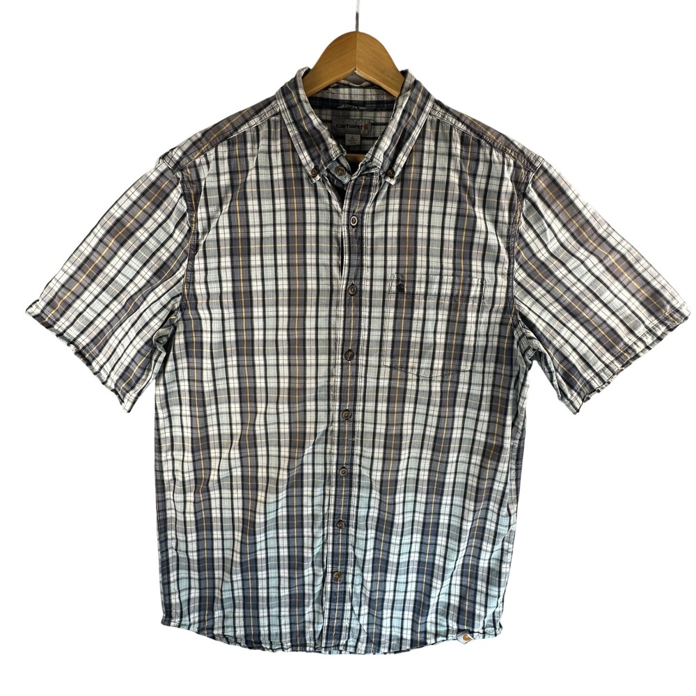 Carhartt Mens L Tall Plaid Short Sleeve Button Down Shirt Gray Blue 101155470